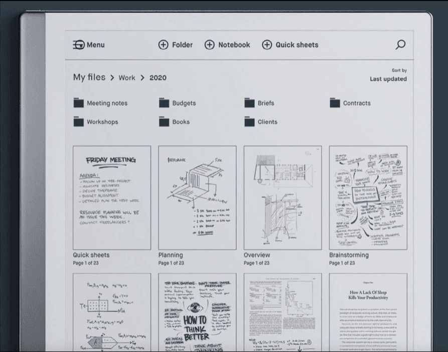 The existing reMarkable folder interface